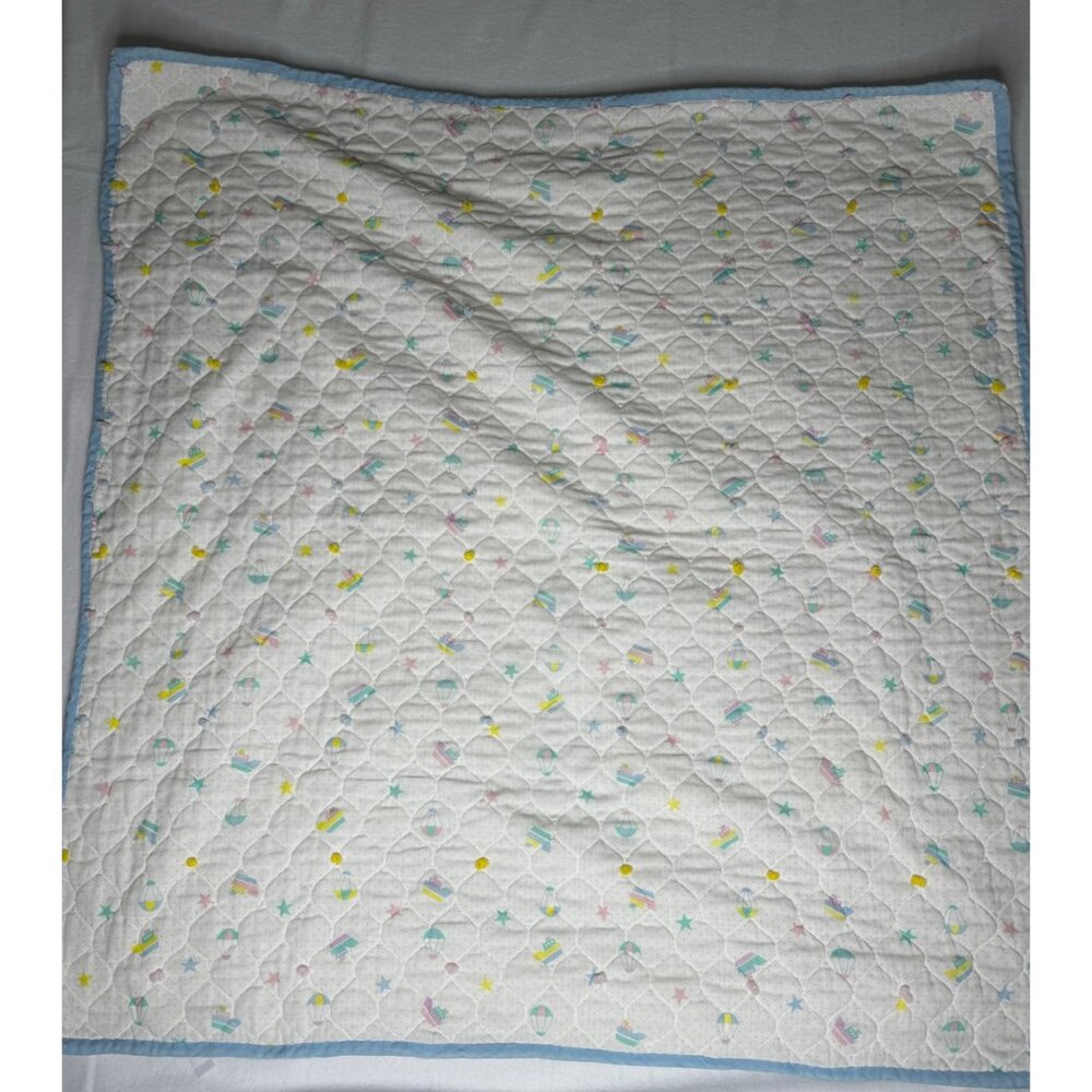 Handmade VTG Baby Blanket Blue Trim Stars and Boats Yellow Back Quilt